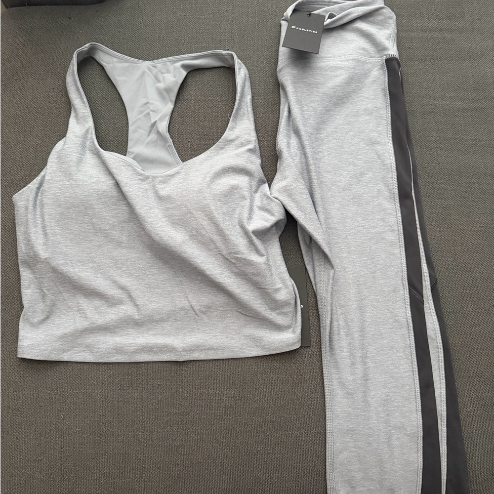 Gray Activewear Set from Fabletics with Dark Gray Stripe